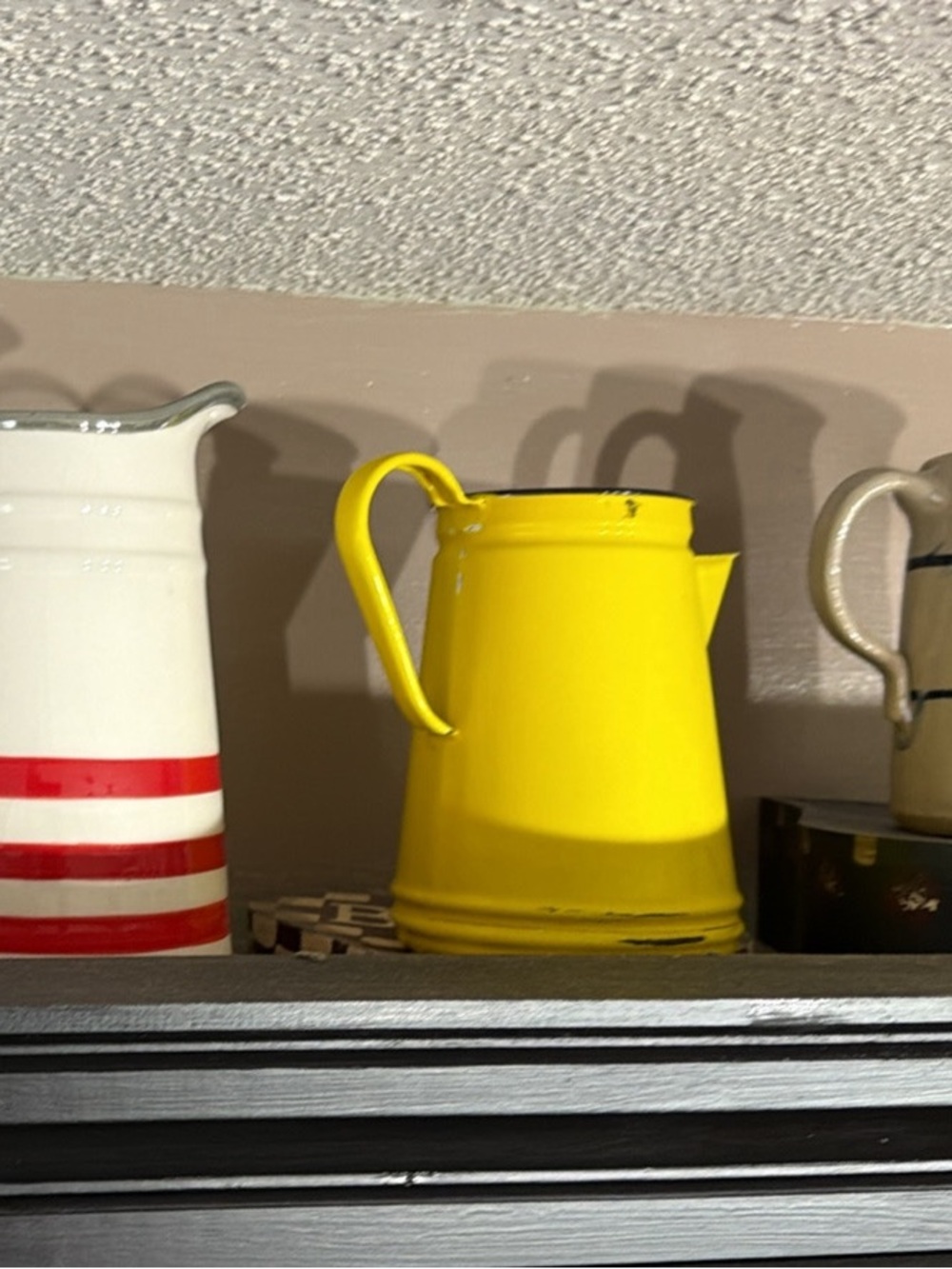 Yellow pitcher, tin, rustic home decor